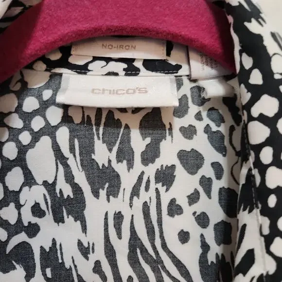 Chicos XL 3 black white leopard animal print cotton no iron blouse LS top blouse - Picture 4 of 6